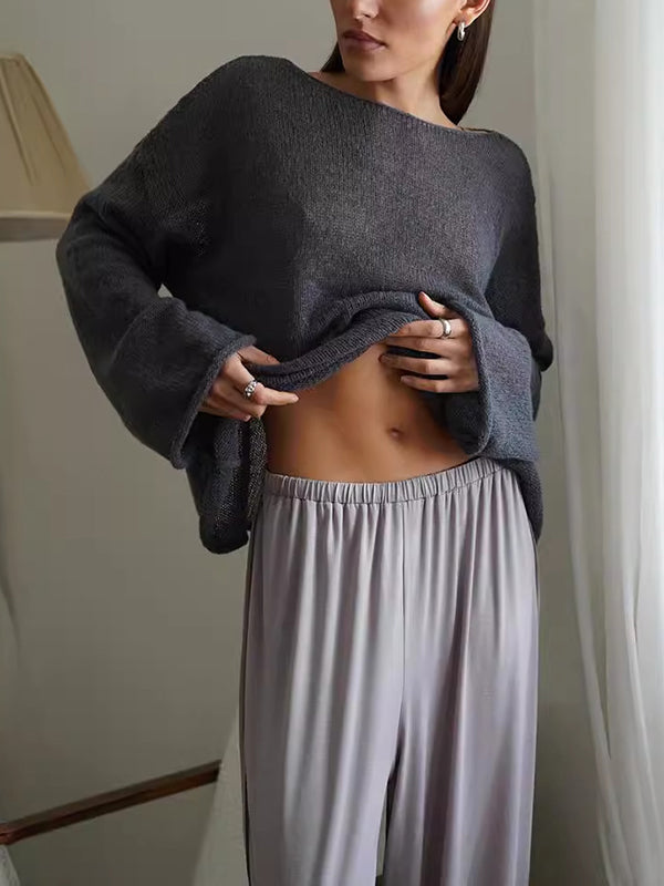 Long Sleeves Loose See-Through Solid Color Split-Joint Round-Neck Sweater Tops