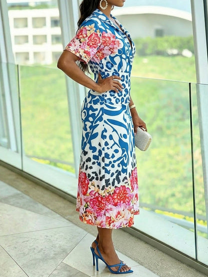 Short Sleeves Contrast Color Flower Print Leopard Split-Joint Notched Collar Blouses&Shirts Tops