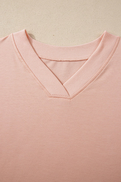 Apricot Pink Solid Color V Neck Tee Drawstring Pant Set