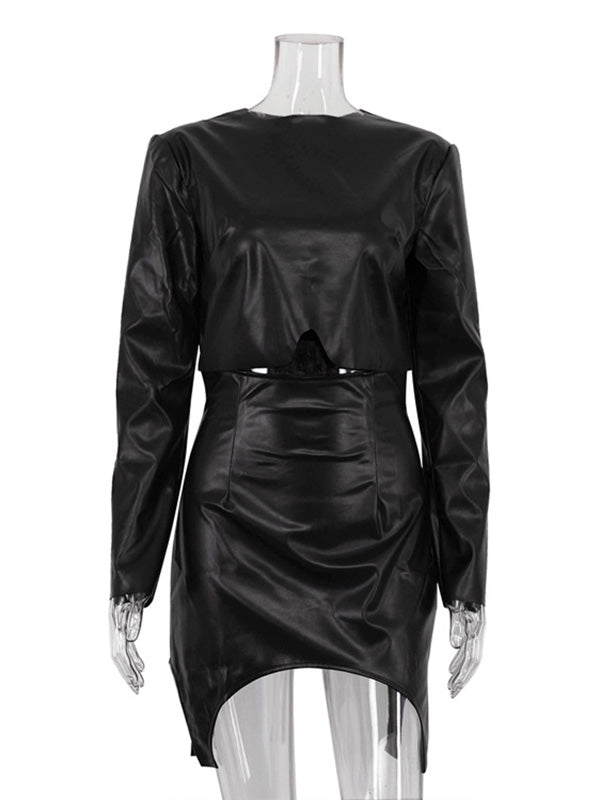 Solid Color Split-Joint Round-Neck T-Shirt Top + Zipper Bodycon High Waisted Skirts Bottom Two Pieces Set