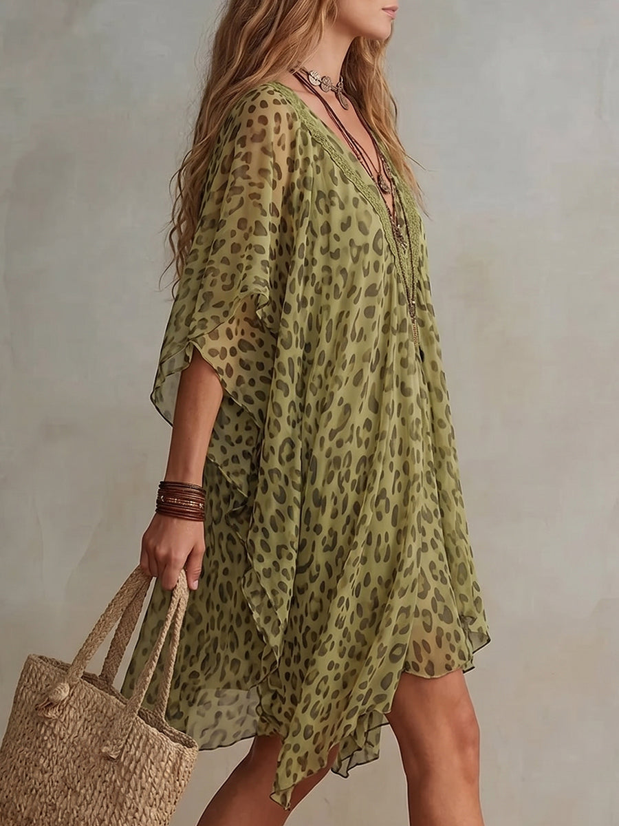 Batwing Sleeves Half Sleeves Asymmetric Contrast Color Leopard Ruffle Trim See-Through Deep V-Neck Mini Dresses