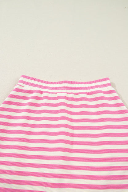 Dark Blue Textured Stripe Print Contrast Trim Zip Collar Sleeveless 2pcs Skort Set