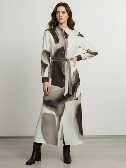 Long Sleeves Loose Asymmetric Belted Buttoned Print Wash Painting Maxi Dresses Shirt Dress