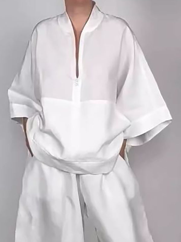 Long Sleeves Loose Solid Color Zipper V-Neck Shirts Tops