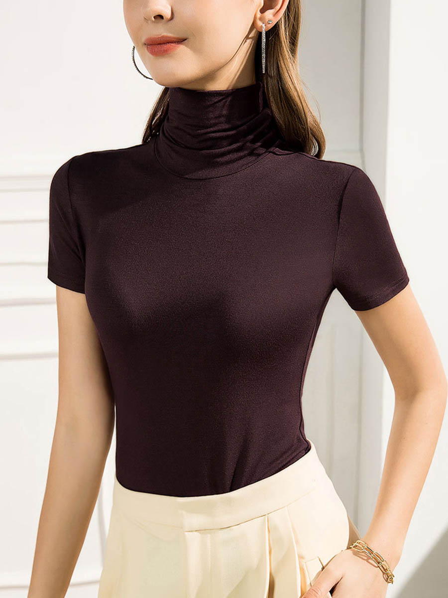 Solid Color Skinny Short Sleeves High-neck T-Shirts Tops