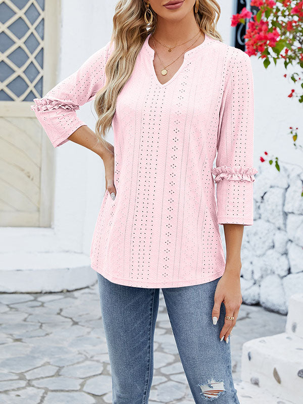 Loose Three-Quarter Sleeves Jacquard Solid Color V-Neck T-Shirts Tops