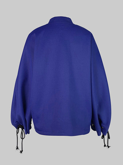 Loose Puff Sleeves Asymmetric Split-Joint Zipper Stand Collar Outerwear