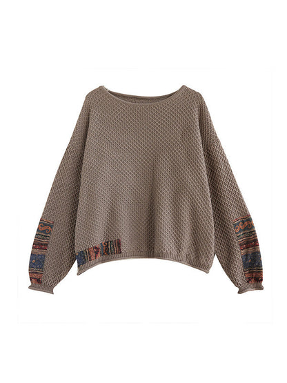 Long Sleeves Loose Printed Split-Joint Round-Neck Pullovers Sweater Tops