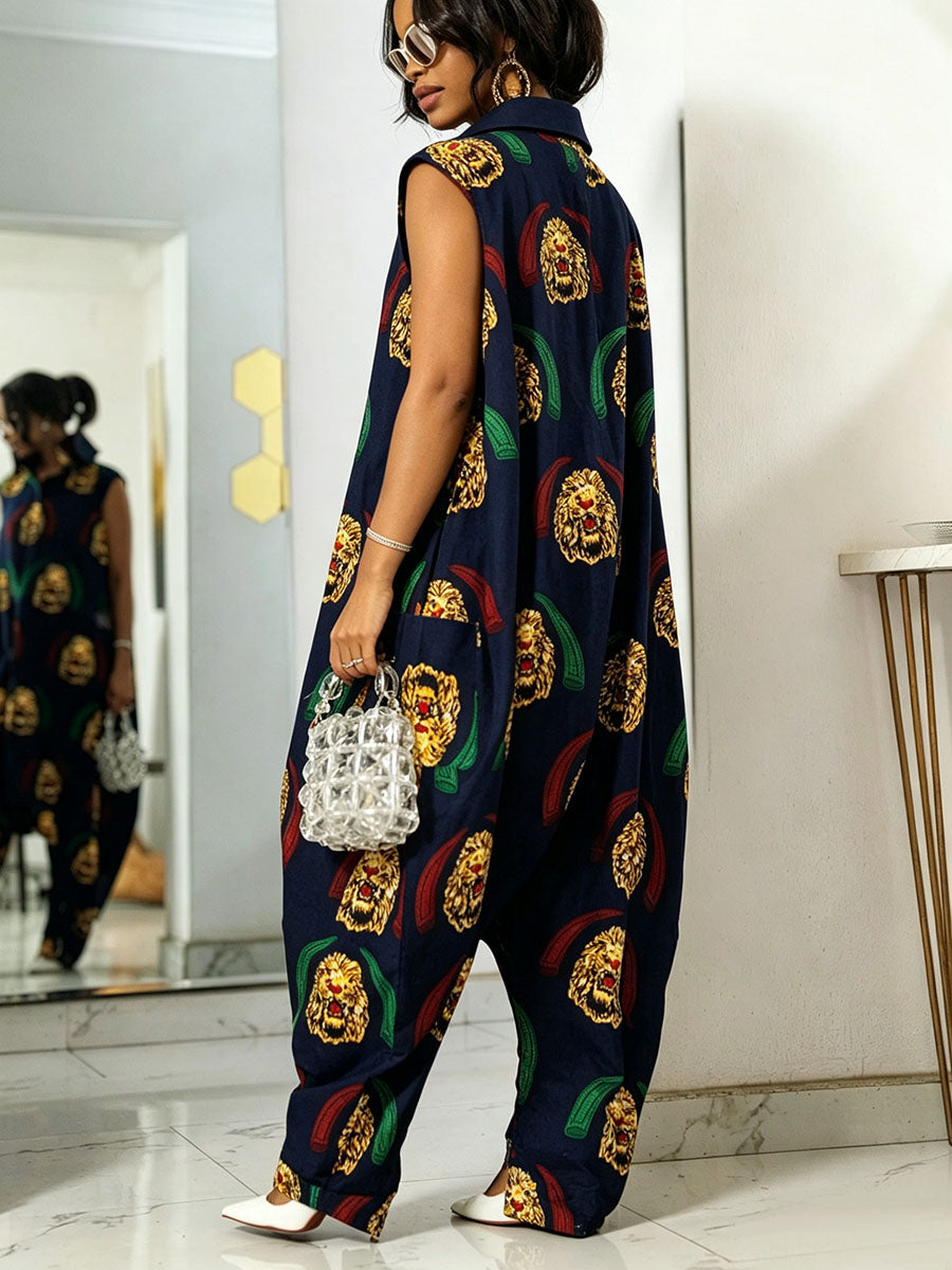 Loose Sleeveless Pockets Printed Lapel Jumpsuits