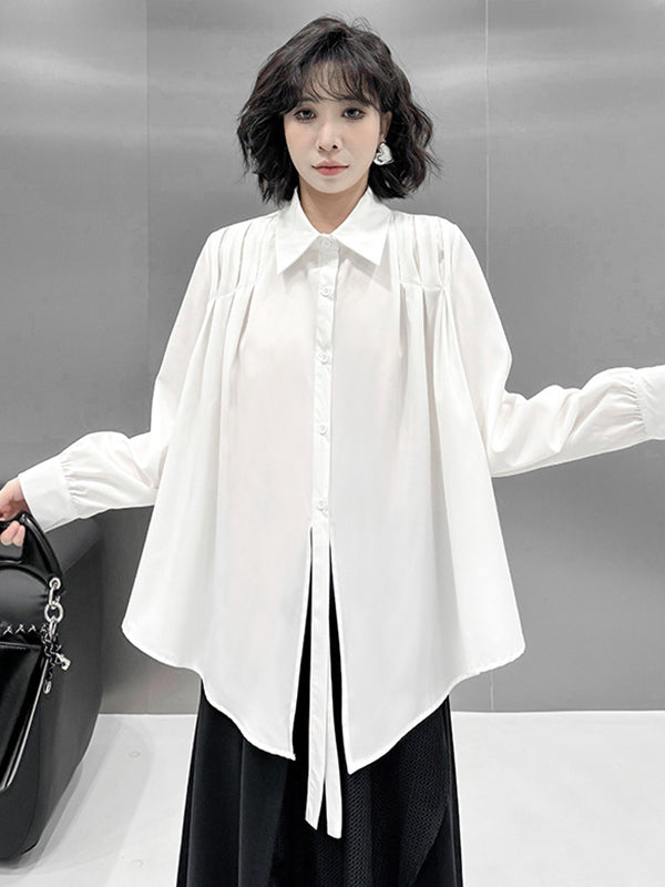 Irregularity Long Sleeves Buttoned Solid Color Split-Joint Streamer Lapel Collar Blouses&Shirts Tops