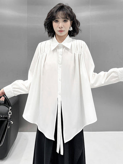 Irregularity Long Sleeves Buttoned Solid Color Split-Joint Streamer Lapel Collar Blouses&Shirts Tops