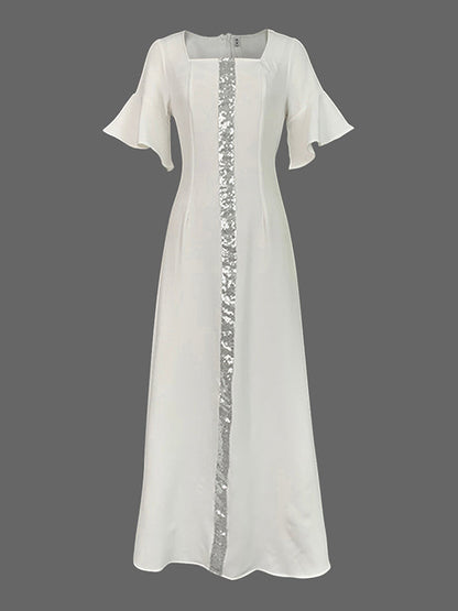 A-Line Flared Sleeves Shiny Solid Color Split-Joint Square-Neck Maxi Dresses