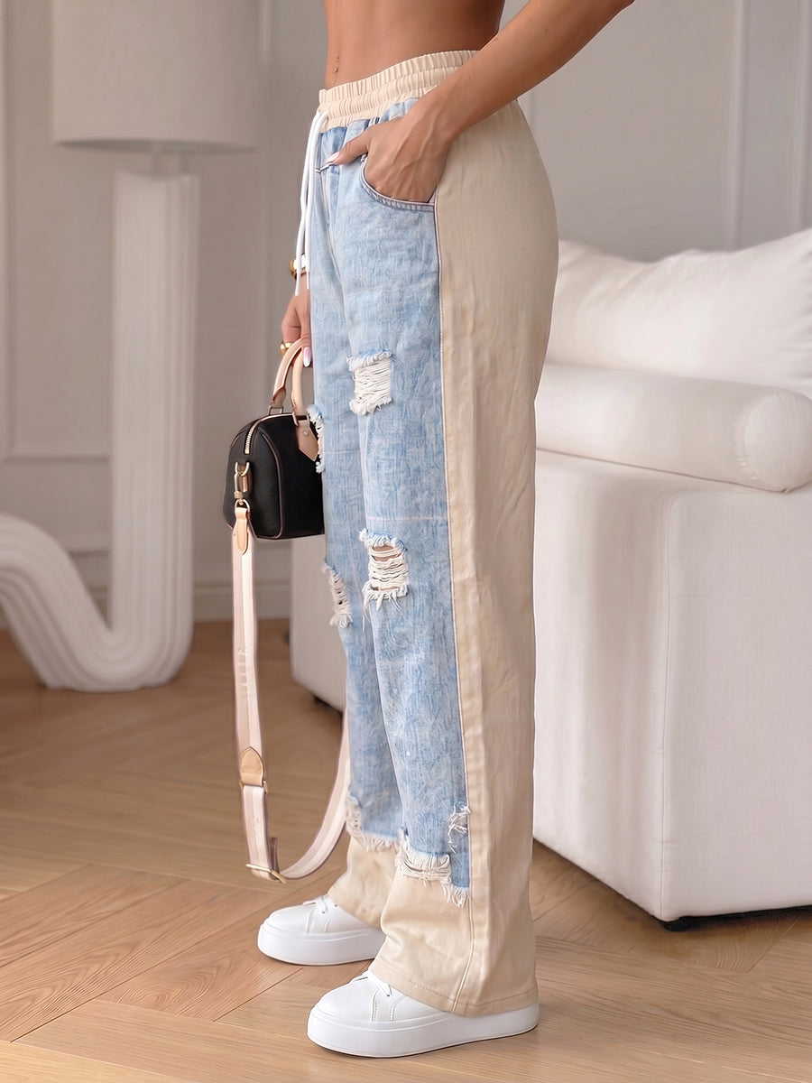 High Waisted Plus Size Contrast Color Drawstring Elasticity Hollow Split-Joint Jean Pants Bottoms