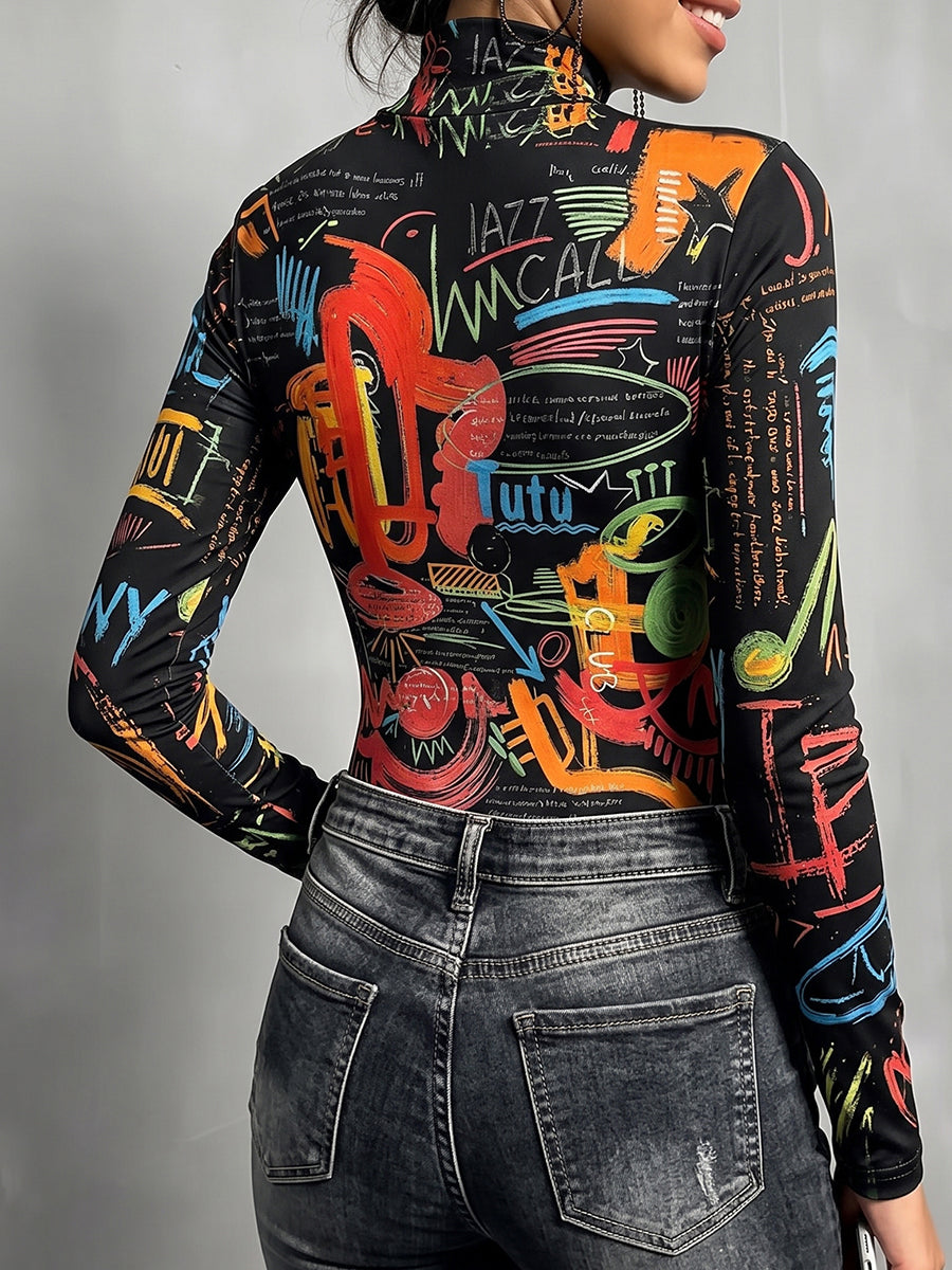 Printed Letter Print Contrast Color Skinny Long Sleeves Mock Neck T-Shirts Tops