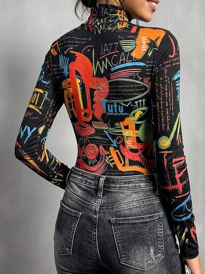 Printed Letter Print Contrast Color Skinny Long Sleeves Mock Neck T-Shirts Tops