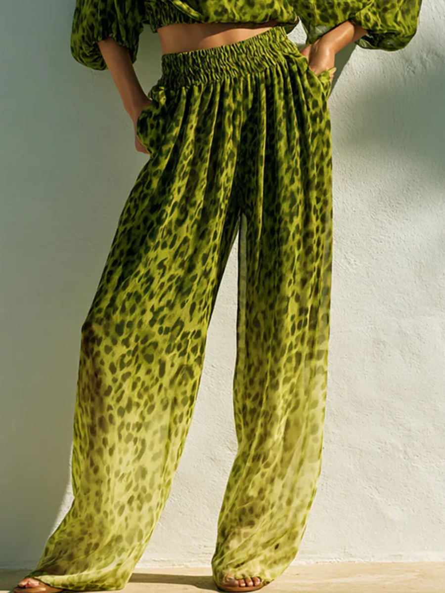 High Waisted Wide Leg Contrast Color Elasticity Leopard Pockets Printed Pants Trousers