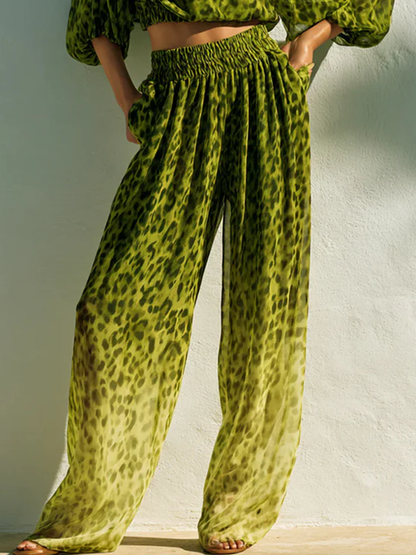 High Waisted Wide Leg Contrast Color Elasticity Leopard Pockets Printed Pants Trousers