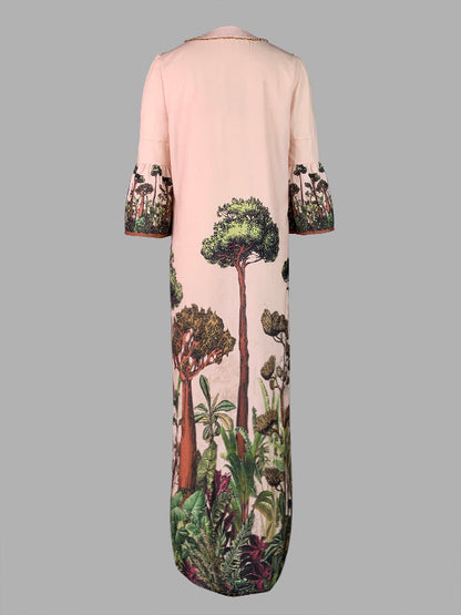 Maxikleider mit ausgestellten Ärmeln, lockerem Blätterdruck und V-Ausschnitt 