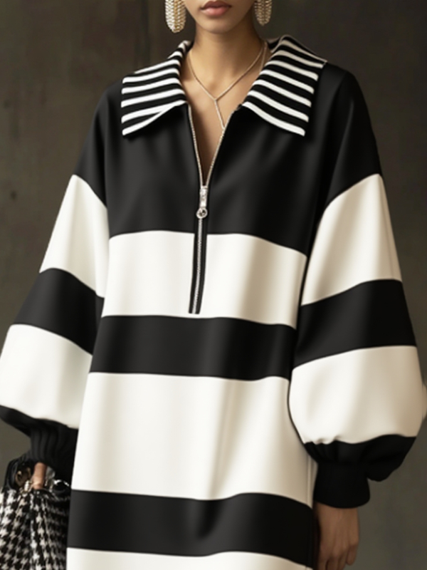 Long Sleeves Puff Sleeves Contrast Color Striped Zipper Lapel Mini Dresses