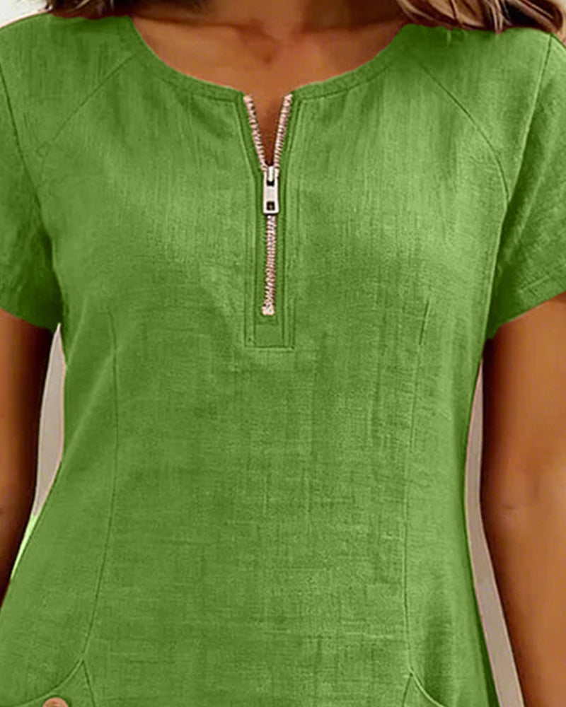 Remi | Women's Shift Dress Short Sleeve Zip Neck with Pockets