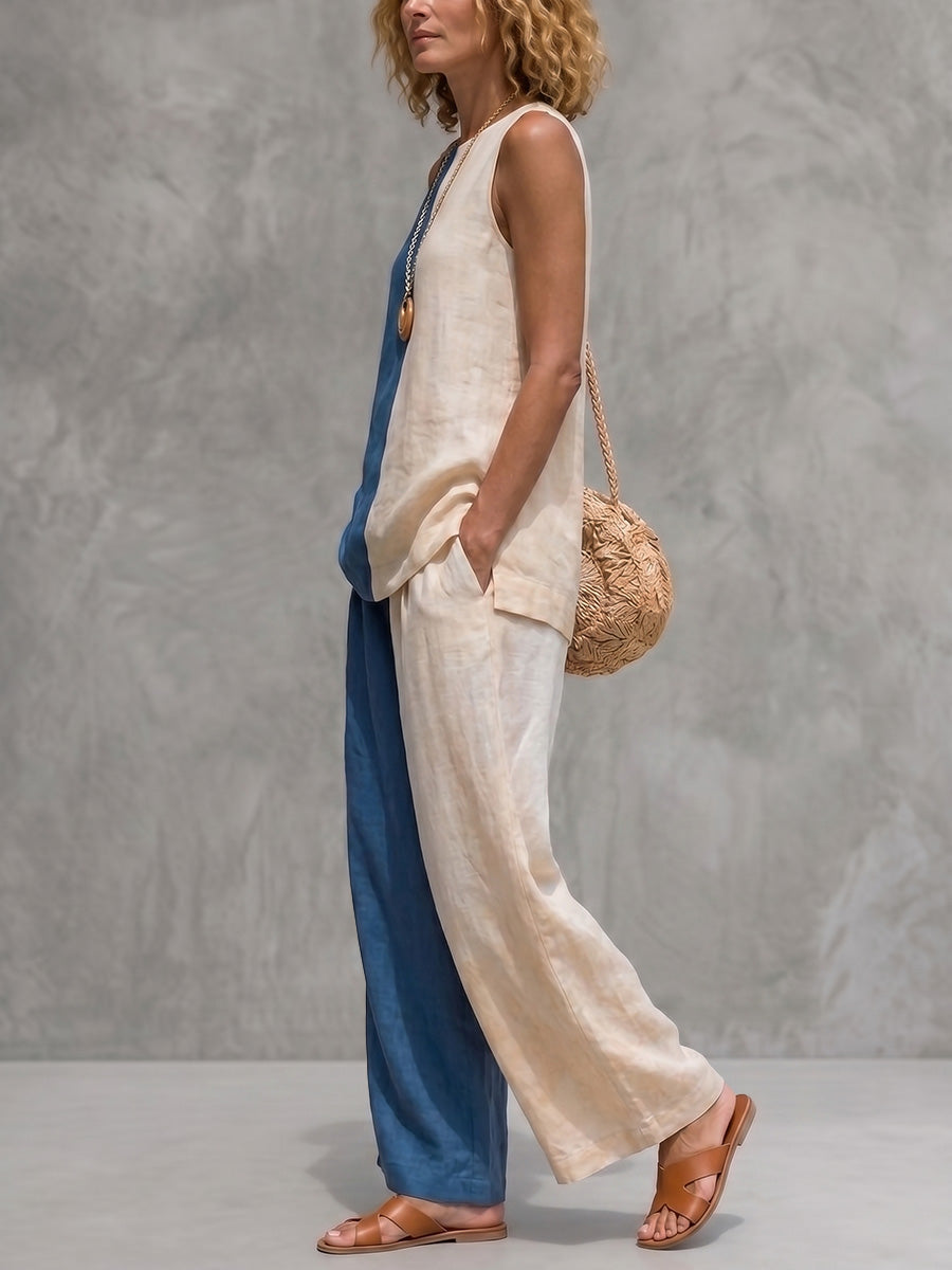 Loose Sleeveless Contrast Color Round-Neck Blouses&Shirts Tops + Pleated Pockets Casual Trousers Pants Bottoms Two Pieces Set
