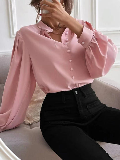 Loose Puff Sleeves Pleated Solid Color Split-Joint Stand Collar Blouses