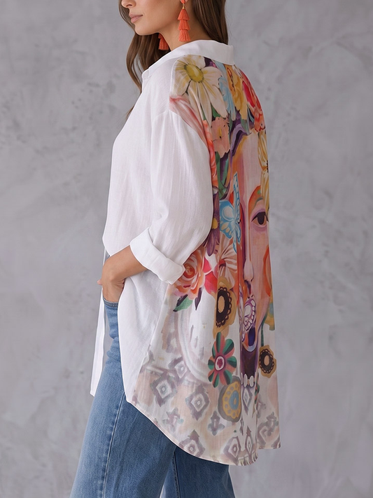 Split-Joint Flower Print Contrast Color Buttoned Butterfly Print Loose Long Sleeves Lapel Blouses&Shirts Tops
