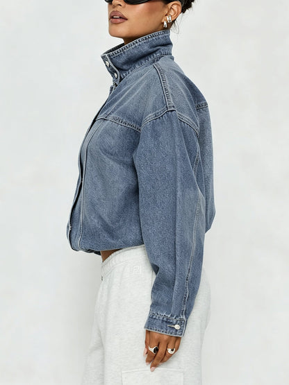 Zipper Elasticity Buttoned Loose Long Sleeves Stand Collar Outerwear Jackets
