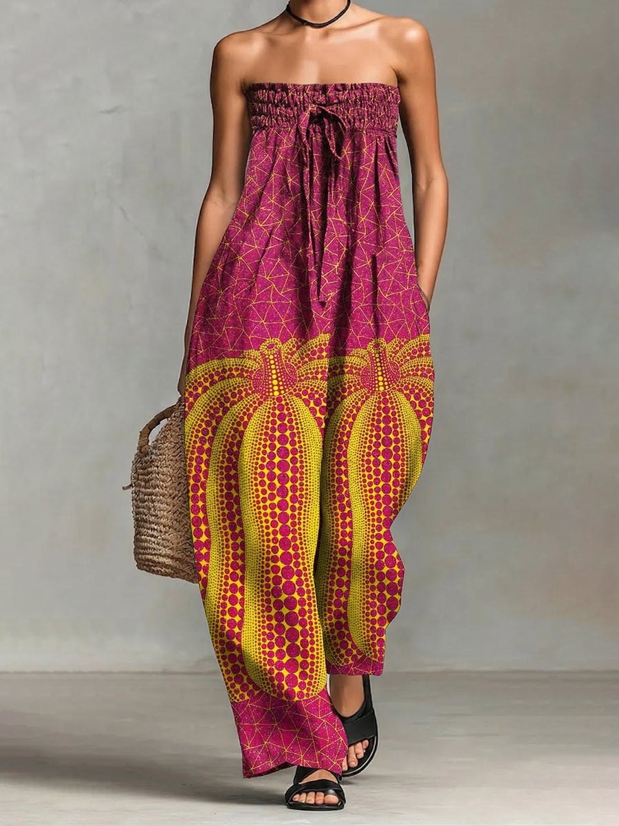 Sleeveless Wide Leg Contrast Color Elasticity Pockets Polka-Dot Printed Tied Tube Jumpsuits