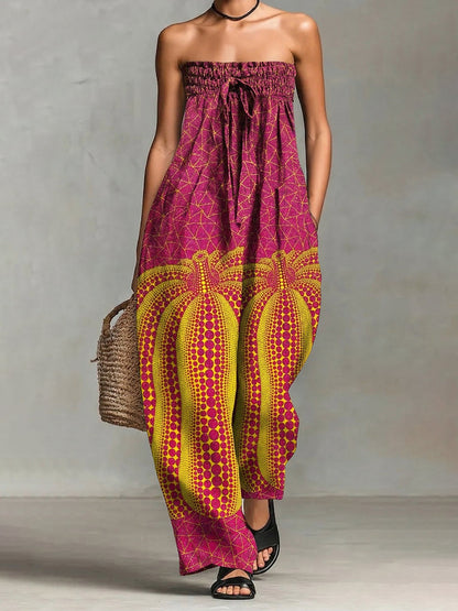 Sleeveless Wide Leg Contrast Color Elasticity Pockets Polka-Dot Printed Tied Tube Jumpsuits