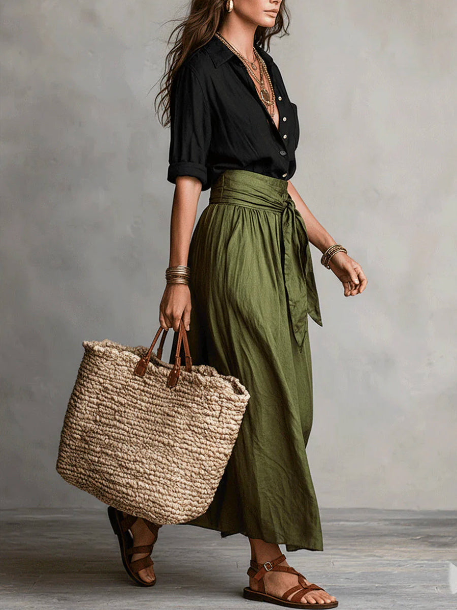 A-Line High Waisted Pleated Solid Color Tied Waist Skirts