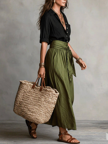 A-Line High Waisted Pleated Solid Color Tied Waist Skirts