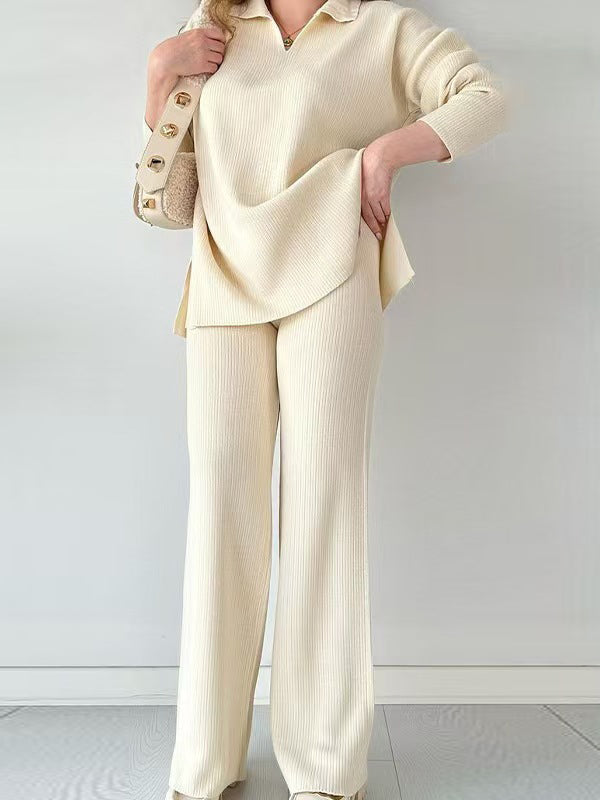 Loose Long Sleeves Solid Color Split-Side Lapel Sweater Top + Pants Two Pieces Set