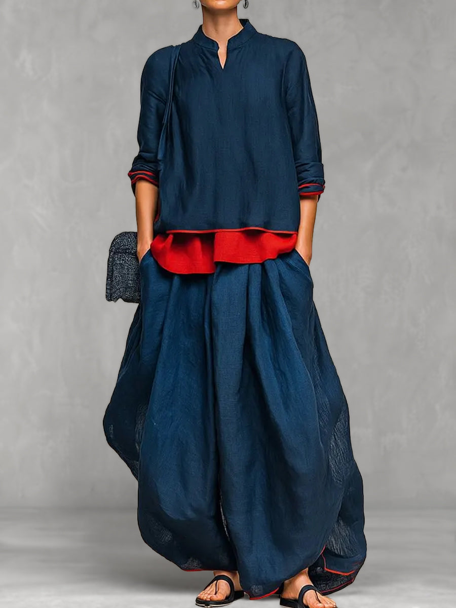 Contrast Color Loose Long Sleeves V-neck Blouses&shirts Tops