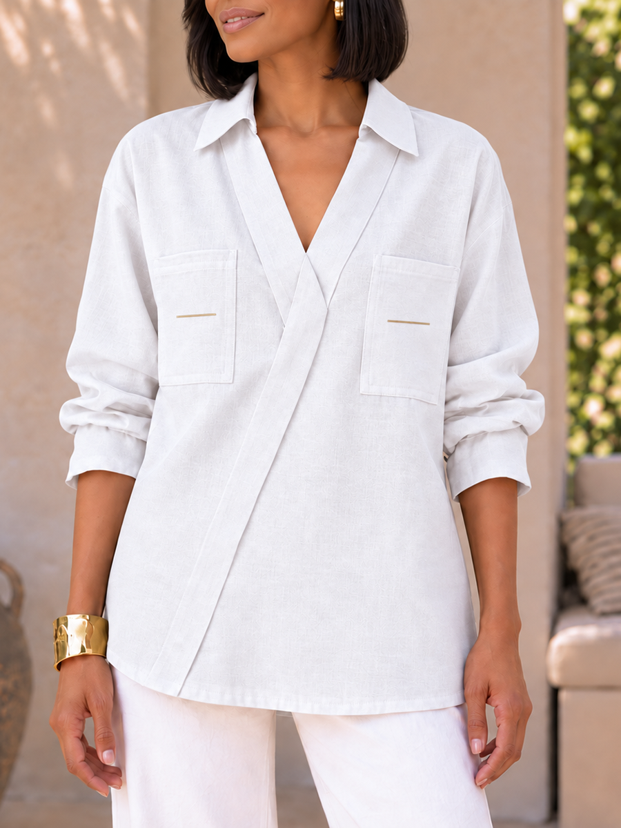 Split-Joint Pockets Contrast Color Asymmetric Three-quarter Sleeves V-neck Blouses&shirts Tops