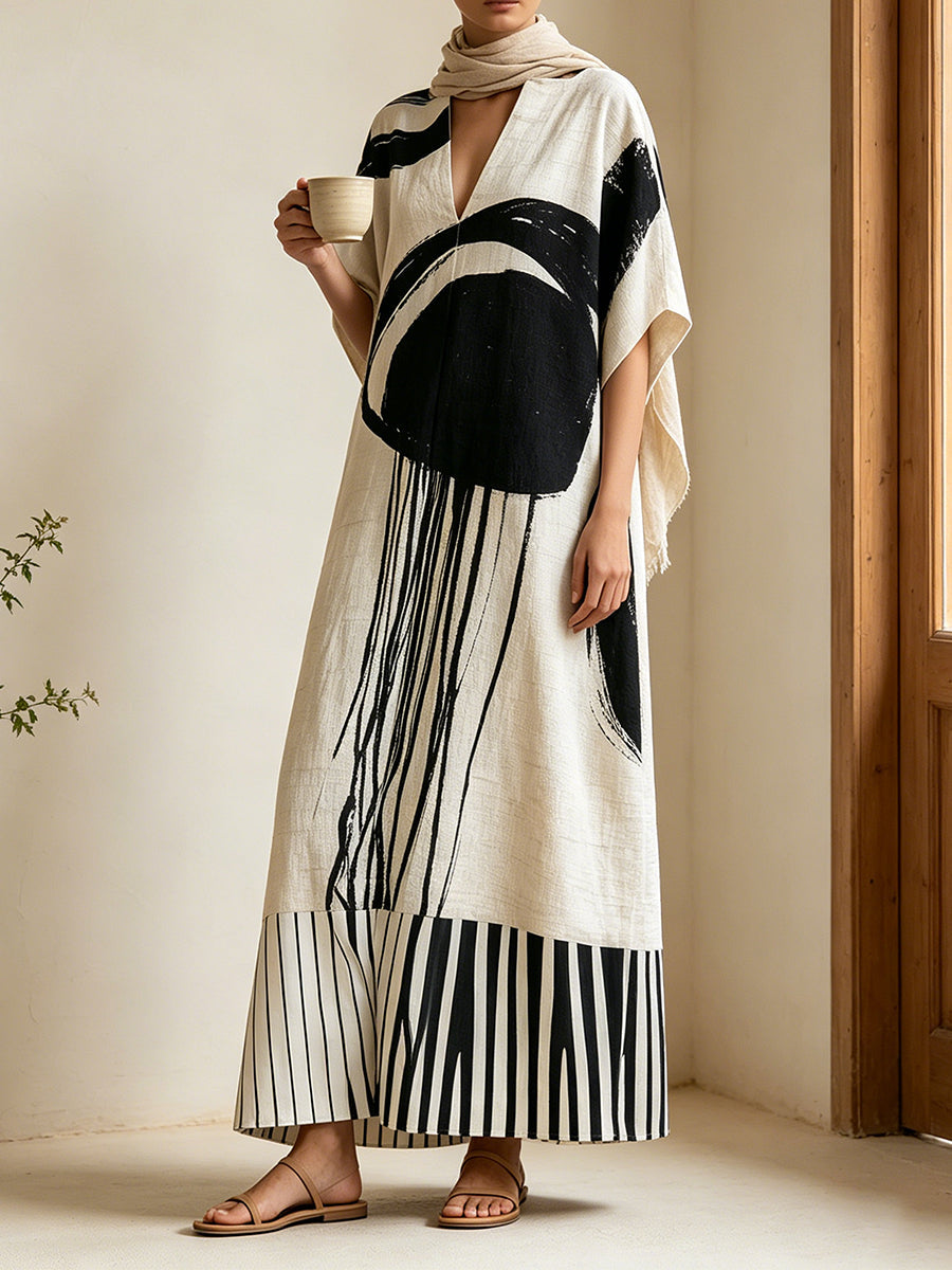 Striped Split-Joint Printed Contrast Color Short Sleeves Loose V-neck Maxi Dresses