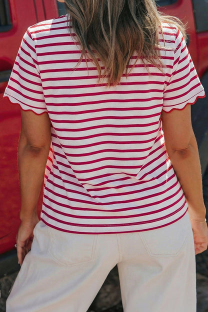 Green Stripe Scalloped Trim Round Neck T Shirt