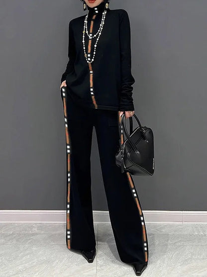 Long Sleeves Loose Contrast Color Printed High Neck T-Shirts Tops