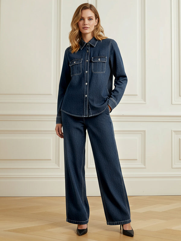 Loose Wide Leg Buttoned Pockets Solid Color Jean Pants Bottoms
