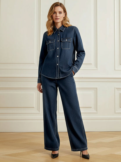 Loose Wide Leg Buttoned Pockets Solid Color Jean Pants Bottoms
