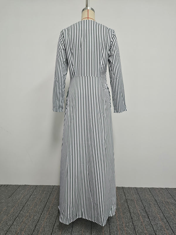A-Line Loose Asymmetric Split-Joint Striped V-Neck Maxi Dresses Shirt Dress