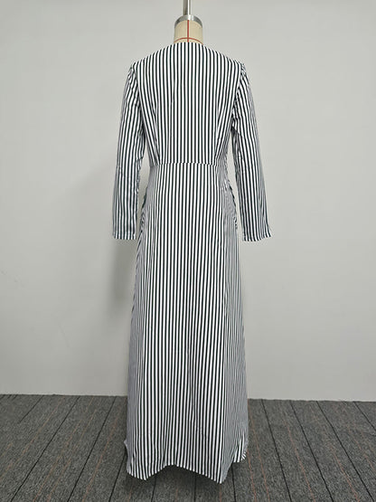 A-Line Loose Asymmetric Split-Joint Striped V-Neck Maxi Dresses Shirt Dress