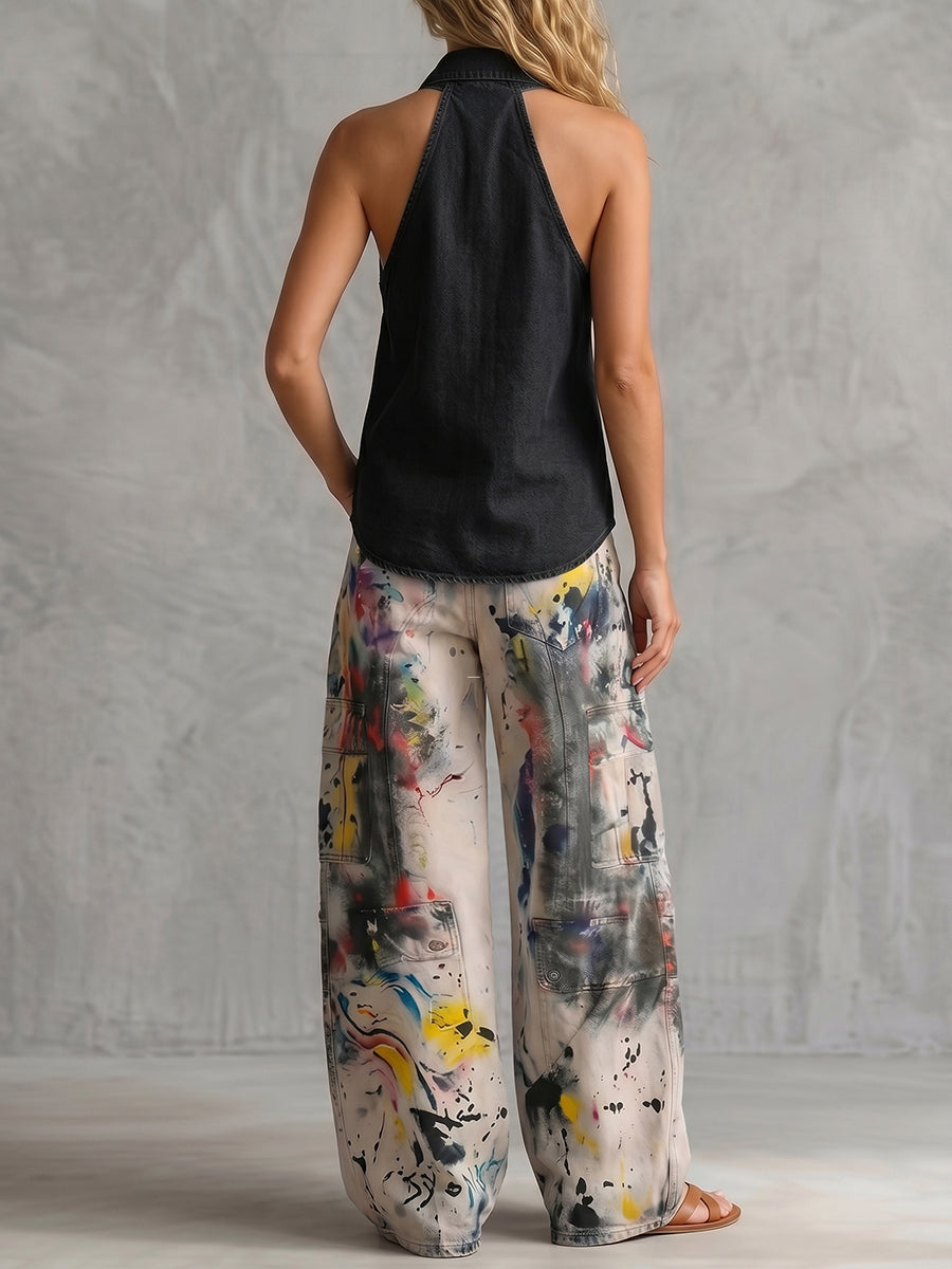 High Waisted Wide Leg Buttoned Contrast Color Graffiti Printed Pockets Jean Pants Bottoms