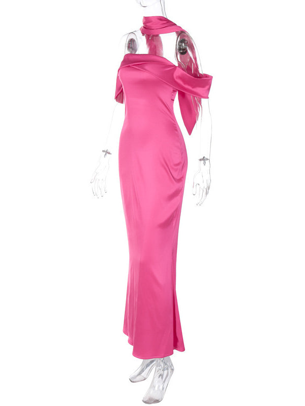 Sleeveless Solid Color Zipper Off-the-shoulder Maxi Dresses