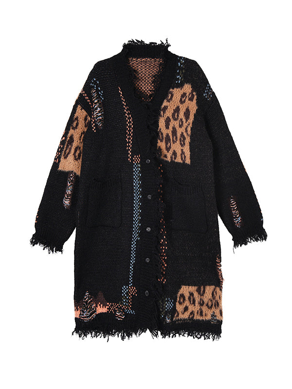 Hipster Long Sleeves Asymmetric Buttoned Contrast Color Leopard Pockets Split-Joint V-Neck Cardigan Tops