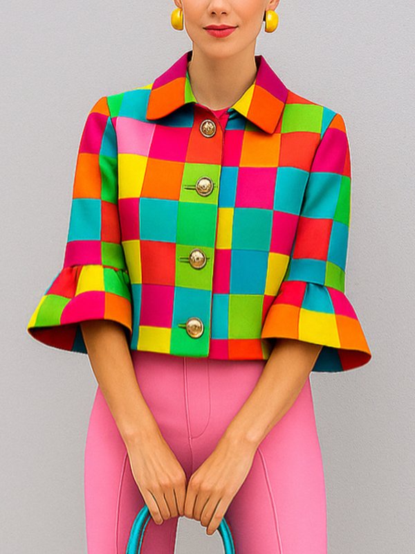 Loose Three-Quarter Sleeves Buttoned Plaid Lapel Outerwear COLORFUL