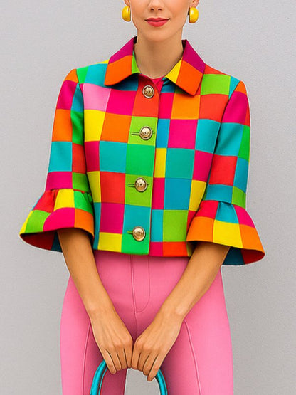 Manteau ample à manches trois-quarts et revers boutonnés à carreaux 