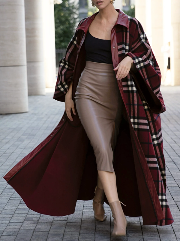 Long Sleeves Loose Buttoned Plaid Split-Joint Lapel Outerwear