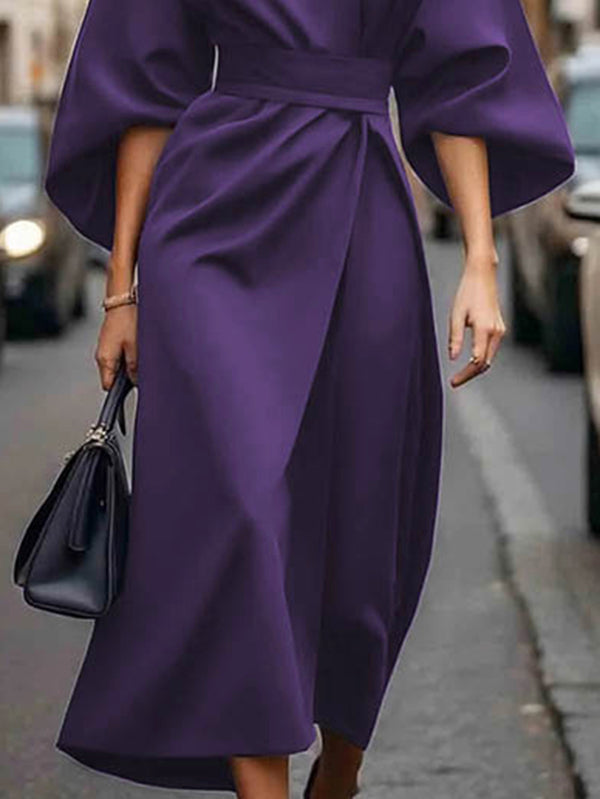 Loose Puff Sleeves Pleated Solid Color Split-Joint Round-Neck Midi Dresses