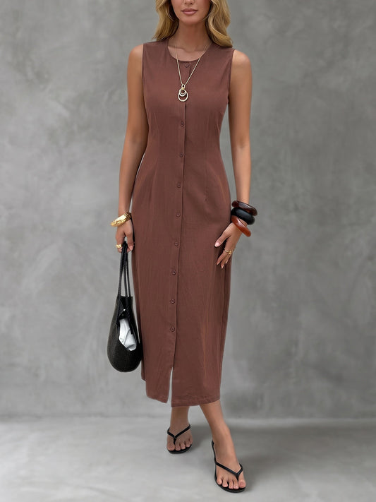 H-Line Sleeveless Buttoned Solid Color Round-Neck Midi Dresses
